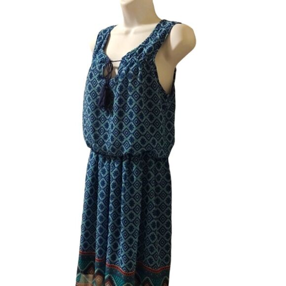Love Reign Aztec geometric print blue sleeveless boho dress size M - Picture 3 of 7